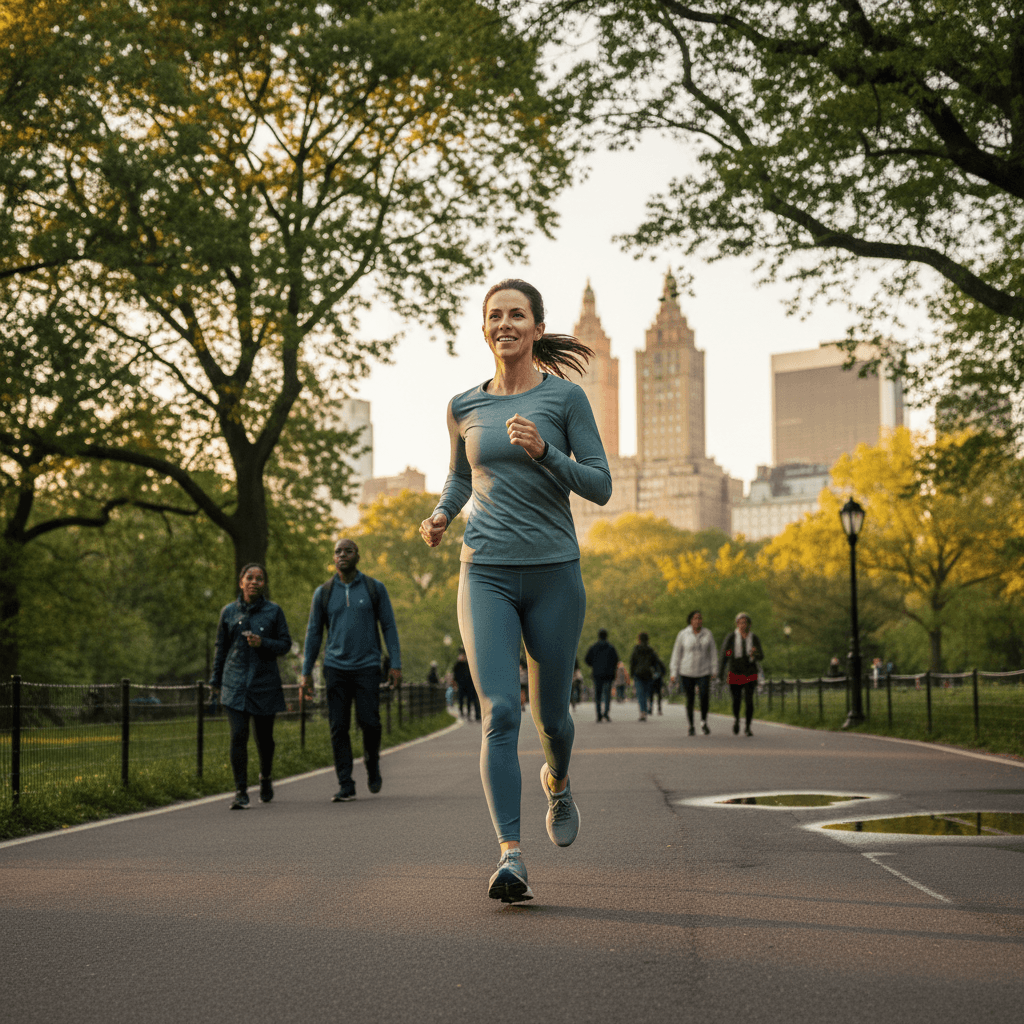 Runner jogging comfortably and efficiently through Central Park or Hudson River Greenway in New York