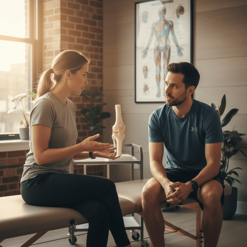 Specialist explaining running biomechanics and treatment approach to a client in a one-on-one session