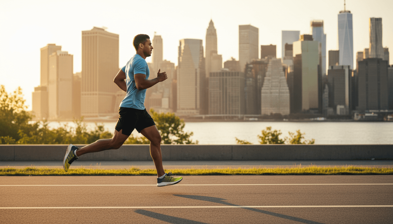 Runner in motion on Hudson River Greenway path at sunrise with Manhattan skyline in background