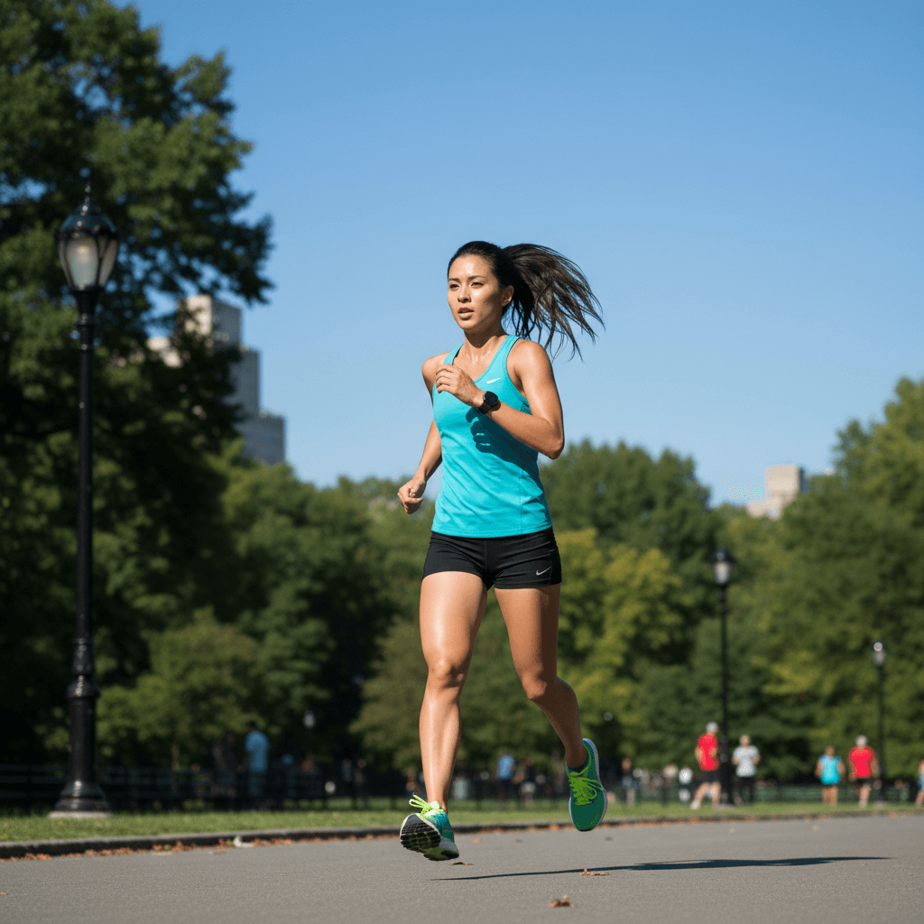 Female runner in Central Park demonstrating efficient gait on a sunny day
