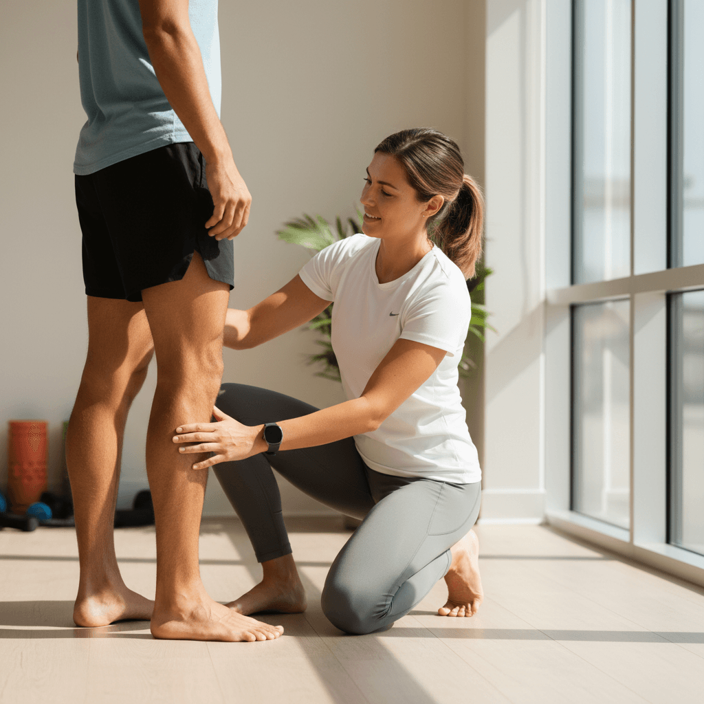 Running rehab specialist assessing runner's foot and ankle alignment during gait analysis