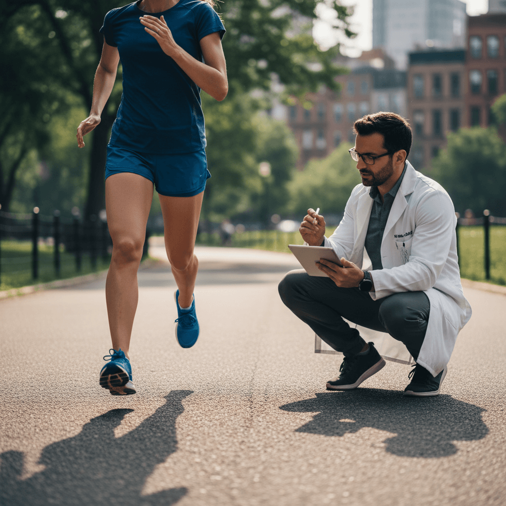 Biomechanics specialist analyzing a runner's gait and form during a real-world running assessment