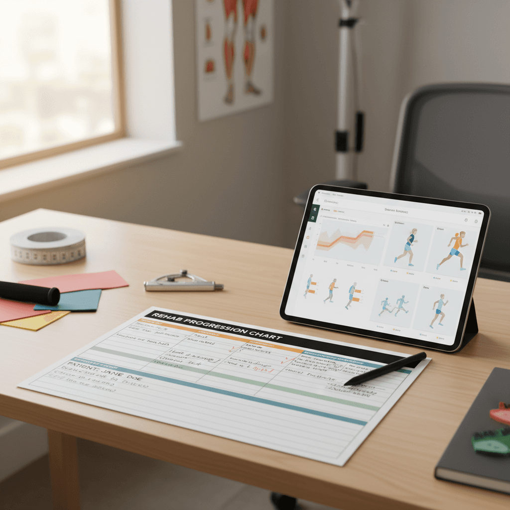 Customized running rehab progression plan and individualized programming documentation on a therapist's desk