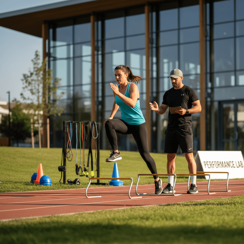 Runner performing a dynamic drill during a performance optimization session