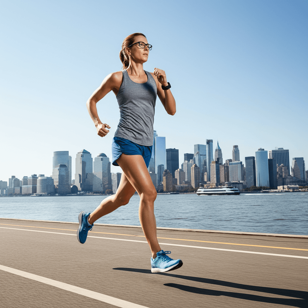 Athletic woman with glasses running on Hudson River Greenway with NYC skyline