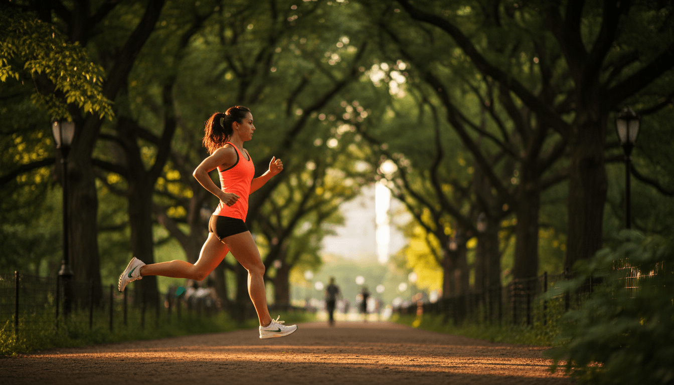 Runner in motion on a tree-lined path in Central Park, showing strong athletic form and stride mechanics