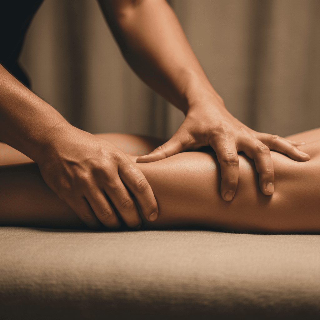 Hands-on manual therapy treatment on runner's calf muscle during rehab session