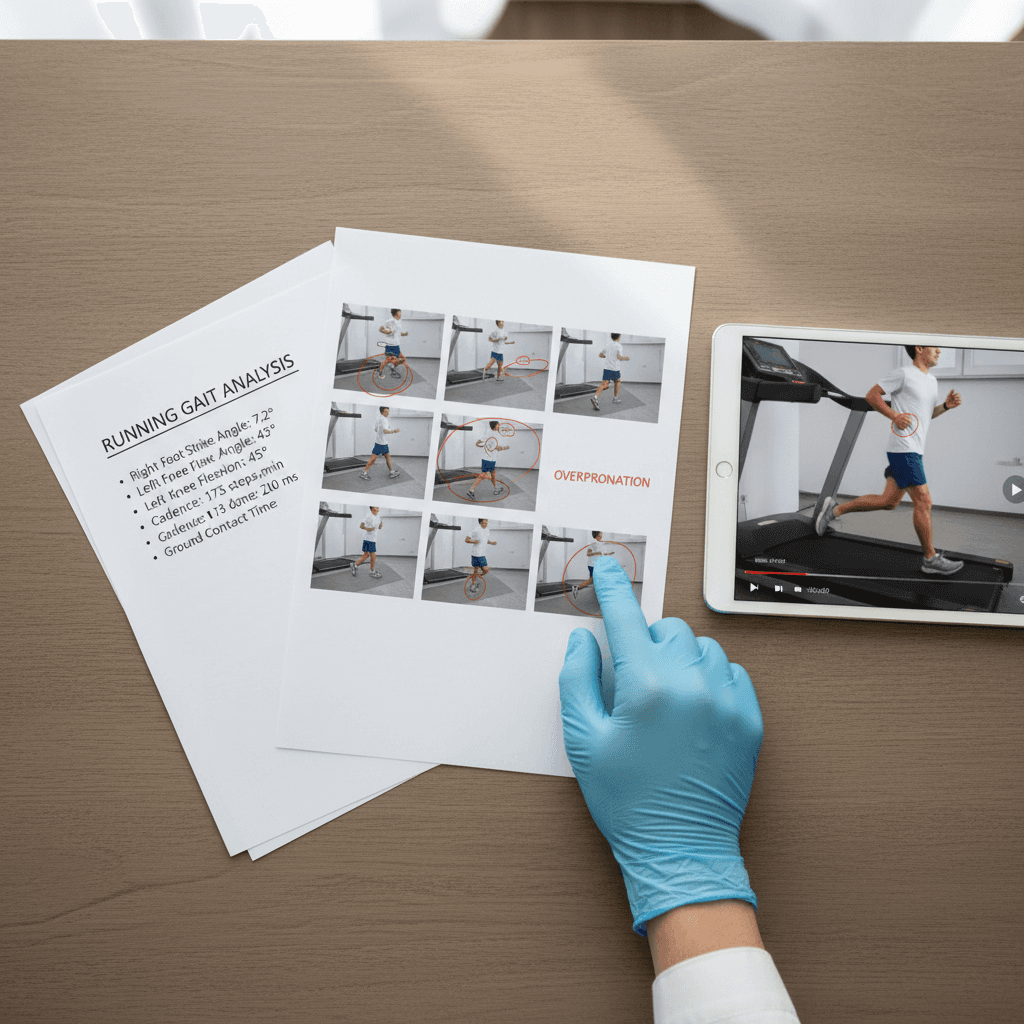 Detailed gait analysis notes and video review on tablet during runner consultation