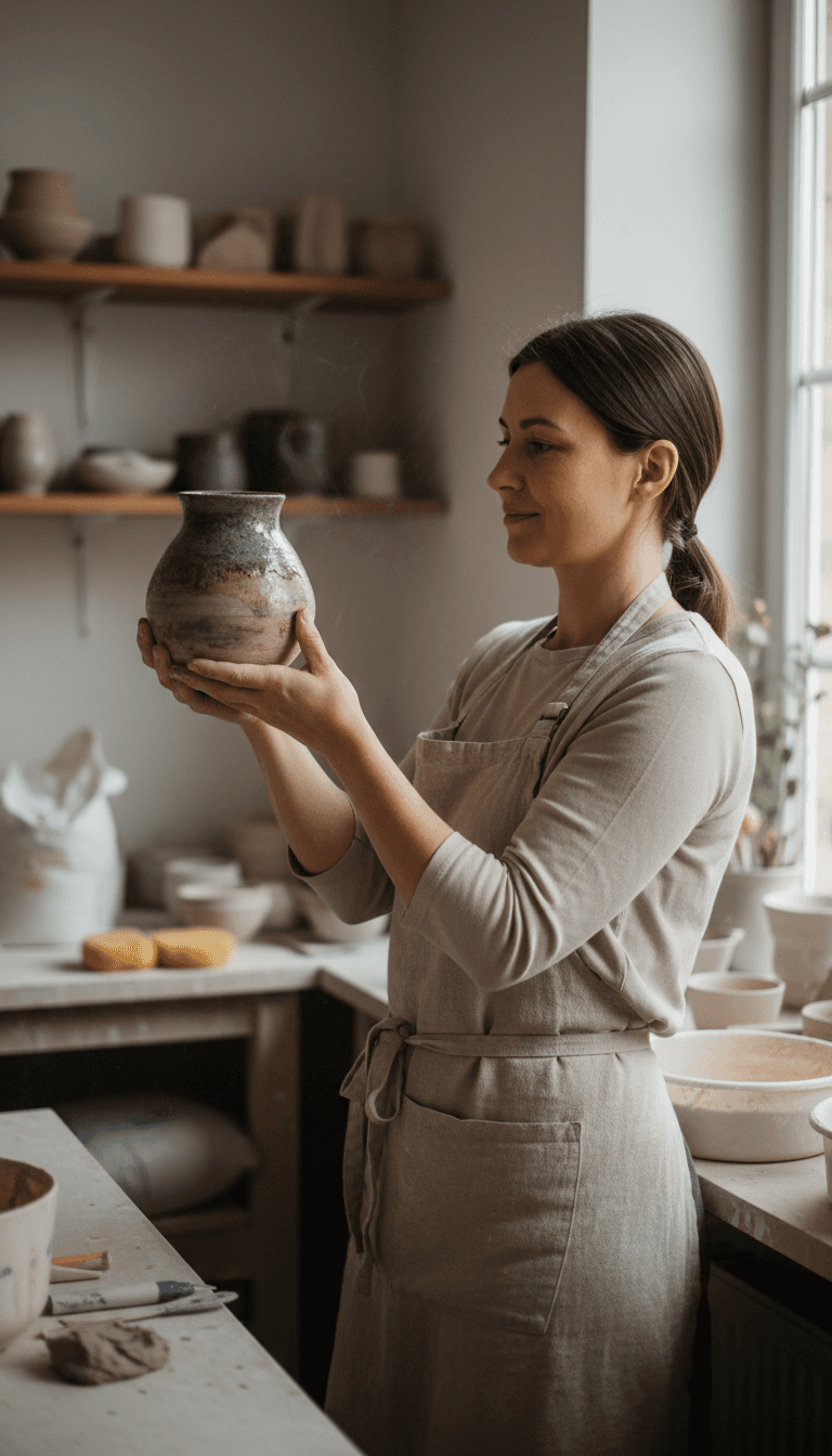 Female ceramic artist in studio examining handcrafted pottery piece with focused attention and care