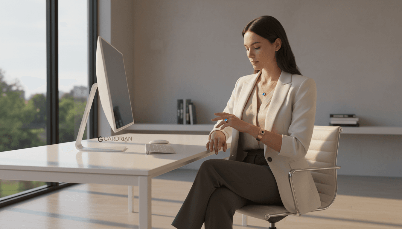 Professional woman at modern minimalist office desk wearing smart pendant and ring, natural afternoon light through windows