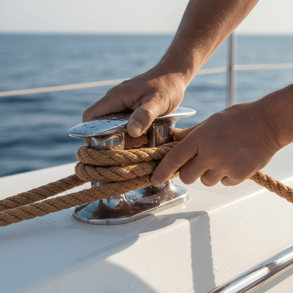 Captain's hands expertly tying rope to polished chrome cleat on modern yacht deck with Mediterranean Sea visible behind